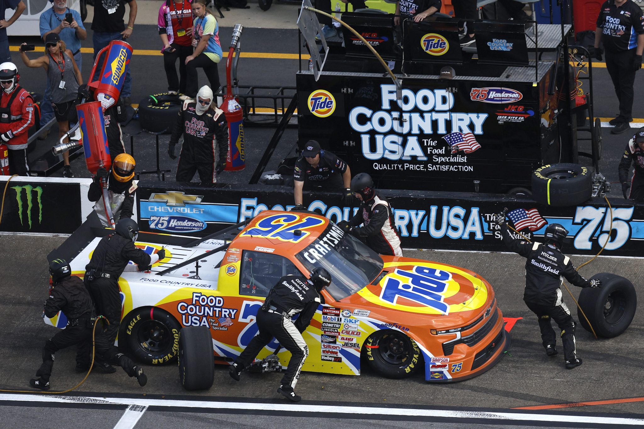 TALLADEGA, ALABAMA - SEPTEMBER 30: Parker Kligerman, driver of the #75 Tide Chevrolet, pits during the NASCAR Craftsman Truck Series Love's RV Stop 250 at Talladega Superspeedway on September 30, 2023 in Talladega, Alabama. (Photo by Sean Gardner/Getty Images) | Getty Images