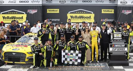 TALLADEGA, ALABAMA - OCTOBER 01: Ryan Blaney, driver of the #12 Menards/Pennzoil Ford, celebrates with his crew, team owner, Roger Penske and Gianna Tulio in victory lane after winning the NASCAR Cup Series YellaWood 500 at Talladega Superspeedway on October 01, 2023 in Talladega, Alabama. (Photo by Sean Gardner/Getty Images) | Getty Images