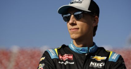 TALLADEGA, ALABAMA - SEPTEMBER 30: Carson Hocevar, driver of the #42 Worldwide Express Chevrolet, looks on during qualifying for the NASCAR Craftsman Truck Series Love's RV Stop 250 at Talladega Superspeedway on September 30, 2023 in Talladega, Alabama. (Photo by Sean Gardner/Getty Images) | Getty Images