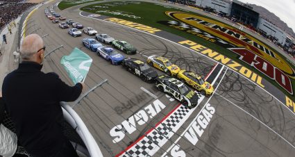 LAS VEGAS, NEVADA - MARCH 05: Joey Logano, driver of the #22 Pennzoil Ford, leads the field to t the green flag to start the NASCAR Cup Series Pennzoil 400 at Las Vegas Motor Speedway on March 05, 2023 in Las Vegas, Nevada. (Photo by Chris Graythen/Getty Images) | Getty Images