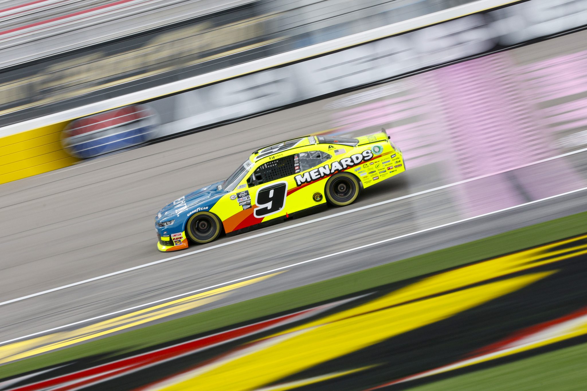 LAS VEGAS, NEVADA - OCTOBER 13: Brandon Jones, driver of the #9 Menards/Jeld-Wen Windows Chevrolet, drives during practice for the NASCAR Xfinity Series Alsco Uniforms 302 at Las Vegas Motor Speedway on October 13, 2023 in Las Vegas, Nevada. (Photo by Sean Gardner/Getty Images) | Getty Images