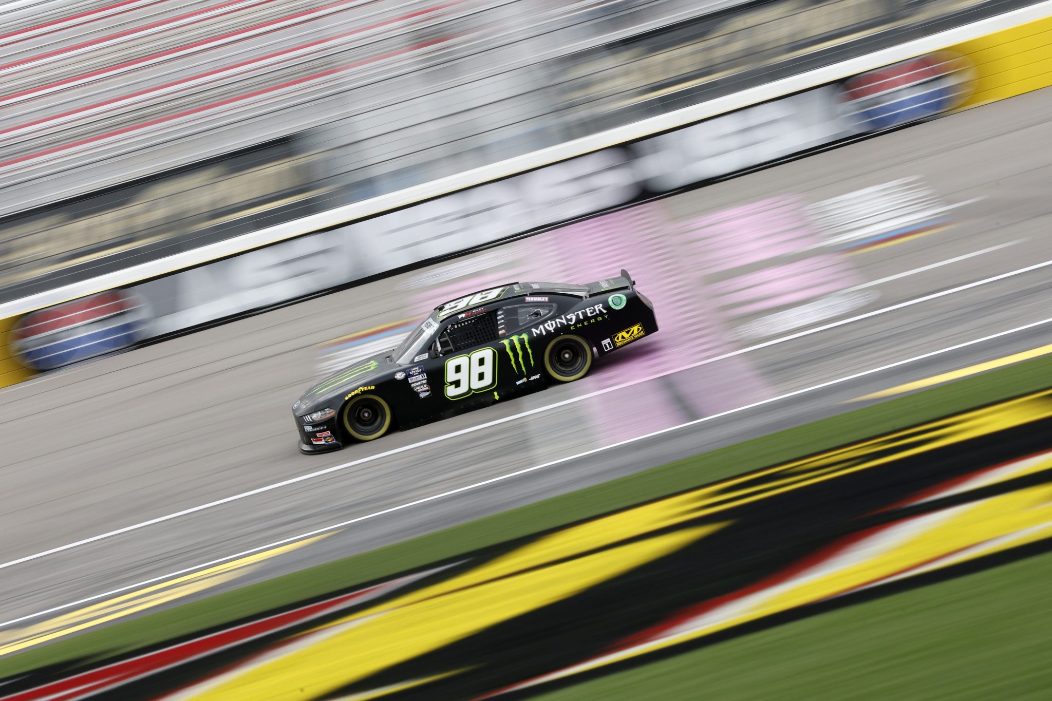 LAS VEGAS, NEVADA - OCTOBER 13: Riley Herbst, driver of the #98 Monster Energy Ford, drives during practice for the NASCAR Xfinity Series Alsco Uniforms 302 at Las Vegas Motor Speedway on October 13, 2023 in Las Vegas, Nevada. (Photo by Sean Gardner/Getty Images) | Getty Images