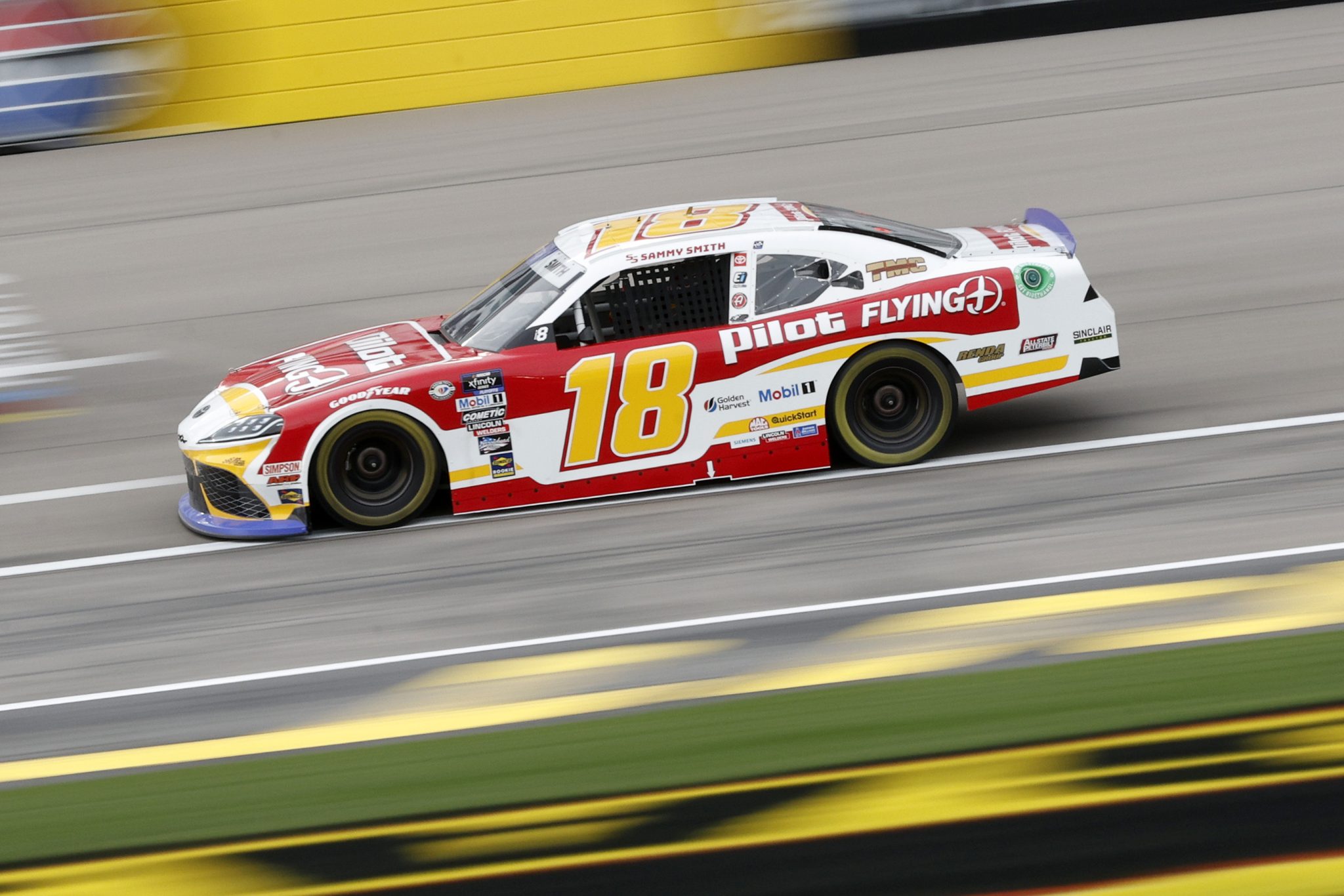 LAS VEGAS, NEVADA - OCTOBER 13: Sammy Smith, driver of the #18 Pilot Flying J Toyota, drives during practice for the NASCAR Xfinity Series Alsco Uniforms 302 at Las Vegas Motor Speedway on October 13, 2023 in Las Vegas, Nevada. (Photo by Sean Gardner/Getty Images) | Getty Images