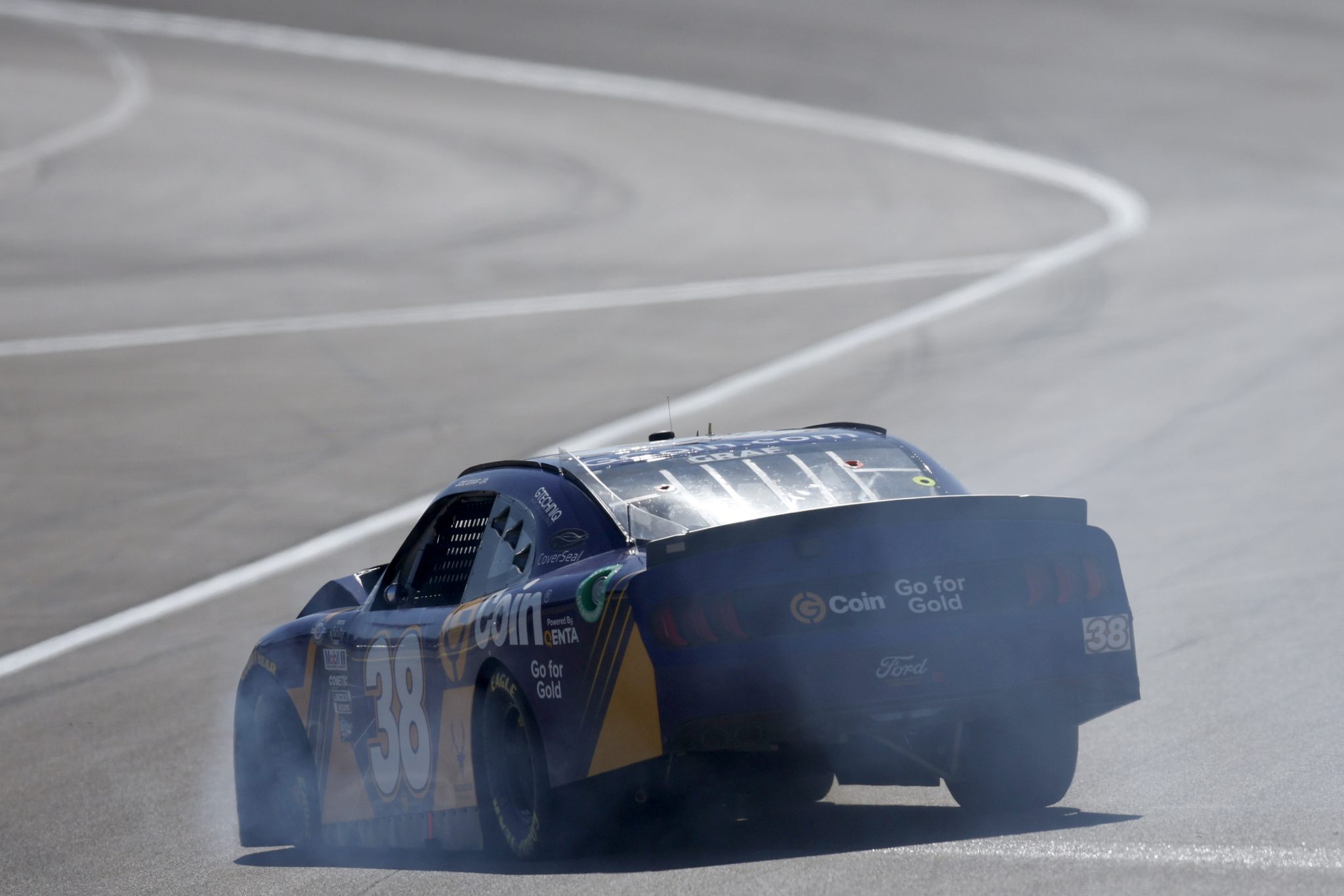 LAS VEGAS, NEVADA - OCTOBER 14: Joe Graf Jr., driver of the #38 G-Coin Ford, spins after an on-track incident during the NASCAR Xfinity Series Alsco Uniforms 302 at Las Vegas Motor Speedway on October 14, 2023 in Las Vegas, Nevada. (Photo by Sean Gardner/Getty Images) | Getty Images
