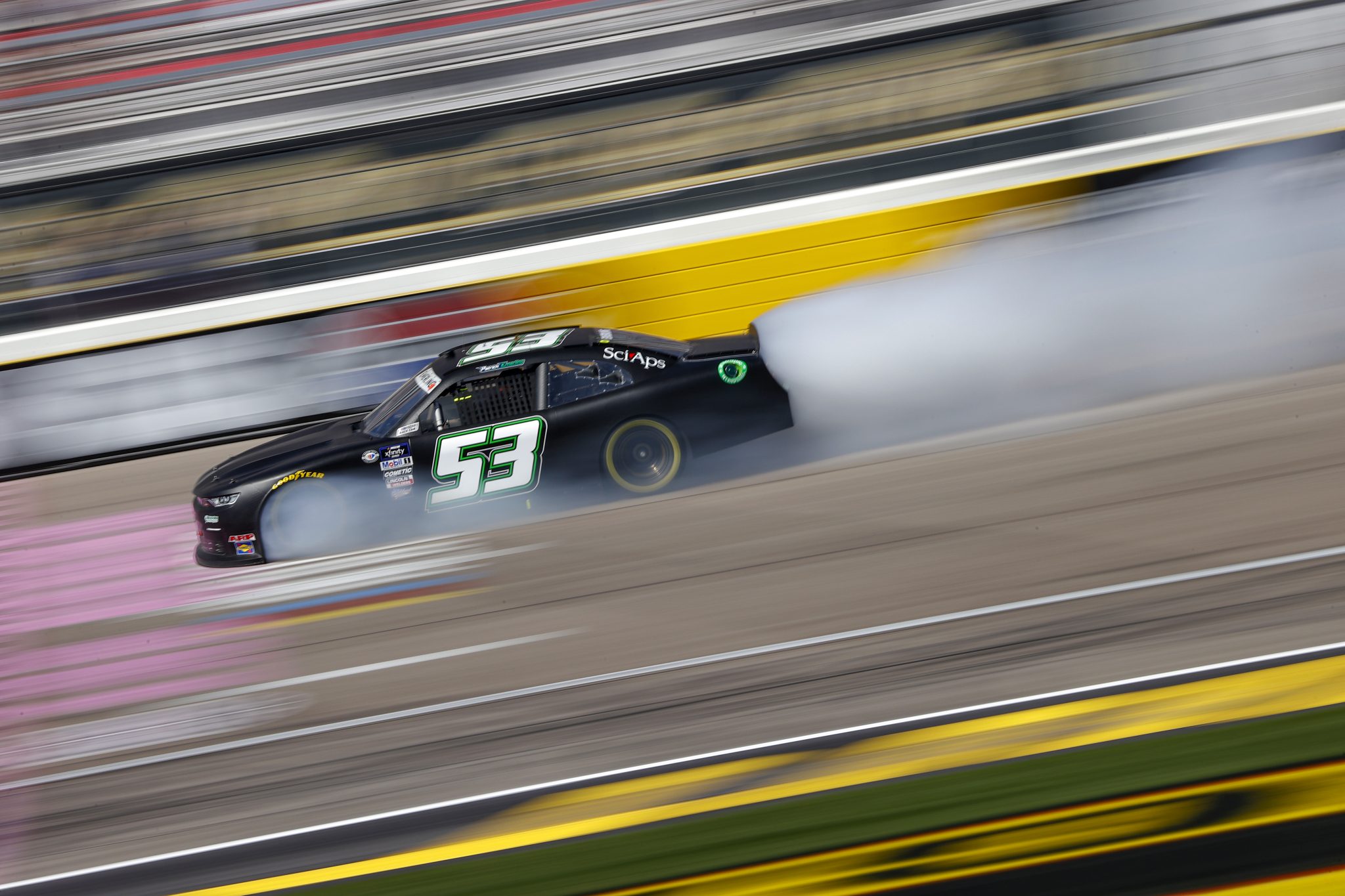 LAS VEGAS, NEVADA - OCTOBER 14: Patrick Emerling, driver of the #53 The Meredith Haga Foundation Chevrolet, drives after the engine expires during the NASCAR Xfinity Series Alsco Uniforms 302 at Las Vegas Motor Speedway on October 14, 2023 in Las Vegas, Nevada. (Photo by Chris Graythen/Getty Images) | Getty Images