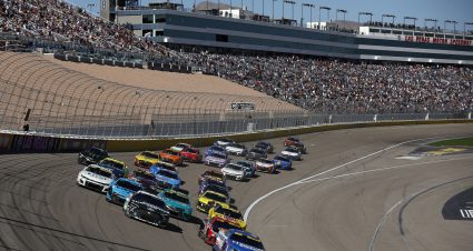 LAS VEGAS, NEVADA - OCTOBER 15: Kyle Larson, driver of the #5 HendrickCars.com Chevrolet, and Christopher Bell, driver of the #20 Rheem/Smurfit Kappa Toyota, race during the NASCAR Cup Series South Point 400 at Las Vegas Motor Speedway on October 15, 2023 in Las Vegas, Nevada. (Photo by Sean Gardner/Getty Images) | Getty Images