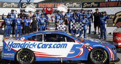 LAS VEGAS, NEVADA - OCTOBER 15: Kyle Larson, driver of the #5 HendrickCars.com Chevrolet, crew, and family celebrate in victory lane after winning the NASCAR Cup Series South Point 400 at Las Vegas Motor Speedway on October 15, 2023 in Las Vegas, Nevada. (Photo by Chris Graythen/Getty Images) | Getty Images