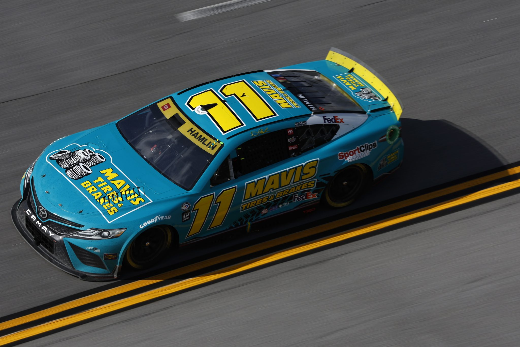 TALLADEGA, ALABAMA - OCTOBER 01: Denny Hamlin, driver of the #11 Mavis Tires & Brakes Toyota, drives during the NASCAR Cup Series YellaWood 500 at Talladega Superspeedway on October 01, 2023 in Talladega, Alabama. (Photo by Sean Gardner/Getty Images) | Getty Images