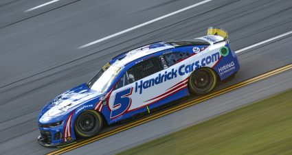 TALLADEGA, ALABAMA - SEPTEMBER 30: Kyle Larson, driver of the #5 Valvoline/HendrickCars.com Chevrolet, drives during qualifying for the NASCAR Cup Series YellaWood 500 at Talladega Superspeedway on September 30, 2023 in Talladega, Alabama. (Photo by Sean Gardner/Getty Images) | Getty Images
