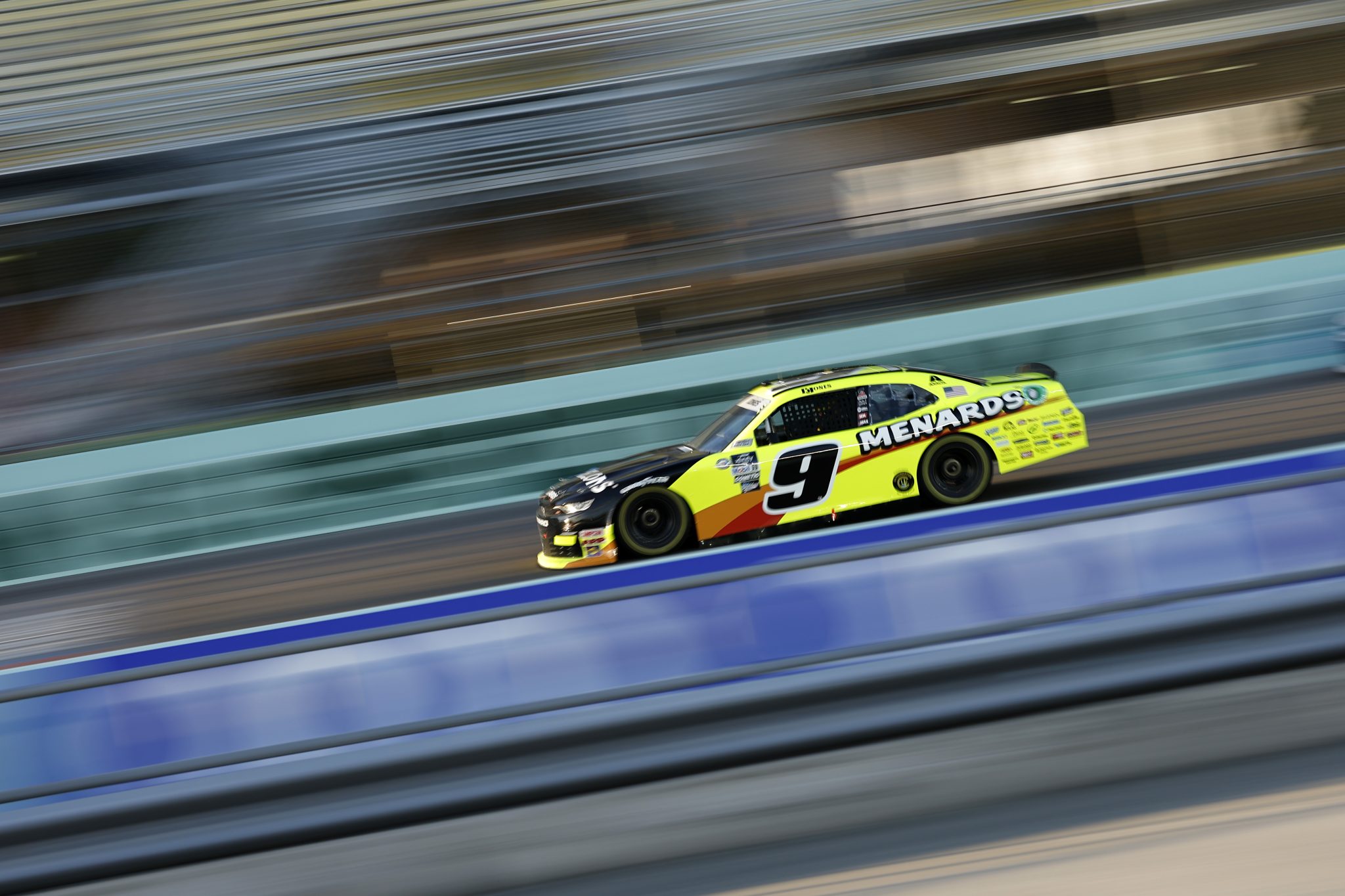 HOMESTEAD, FLORIDA - OCTOBER 20: Brandon Jones, driver of the #9 Menards/Pelonis Chevrolet, drives during practice for the NASCAR Xfinity Series Contender Boats 300 at Homestead-Miami Speedway on October 20, 2023 in Homestead, Florida. (Photo by James Gilbert/Getty Images) | Getty Images