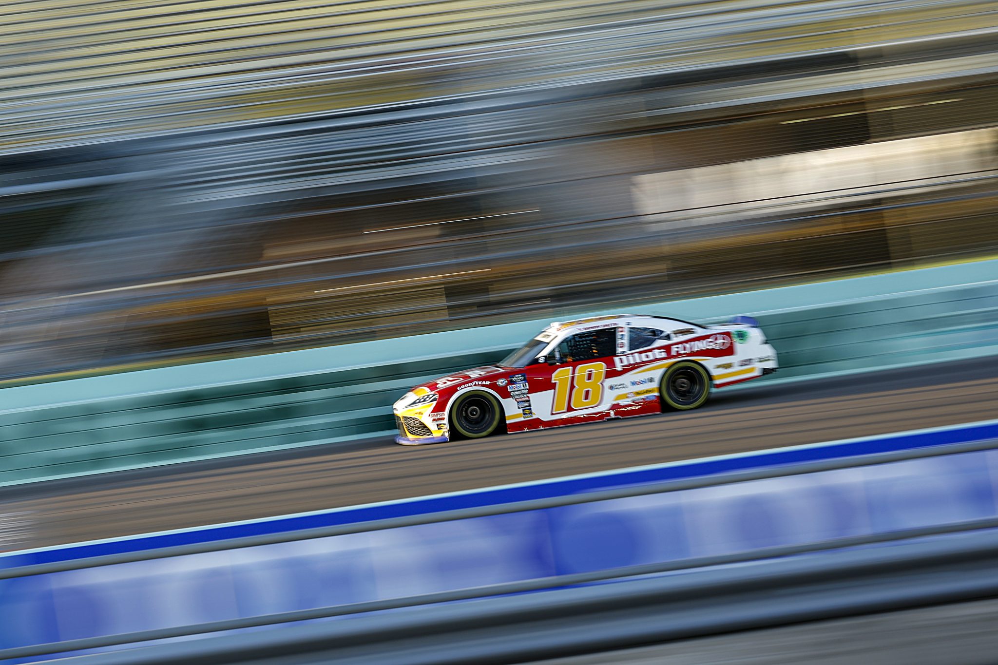 HOMESTEAD, FLORIDA - OCTOBER 20: Sammy Smith Pilot Flying J Toyota, driver of the #18 Joe Gibbs Racing, drives during practice for the NASCAR Xfinity Series Contender Boats 300 at Homestead-Miami Speedway on October 20, 2023 in Homestead, Florida. (Photo by James Gilbert/Getty Images) | Getty Images