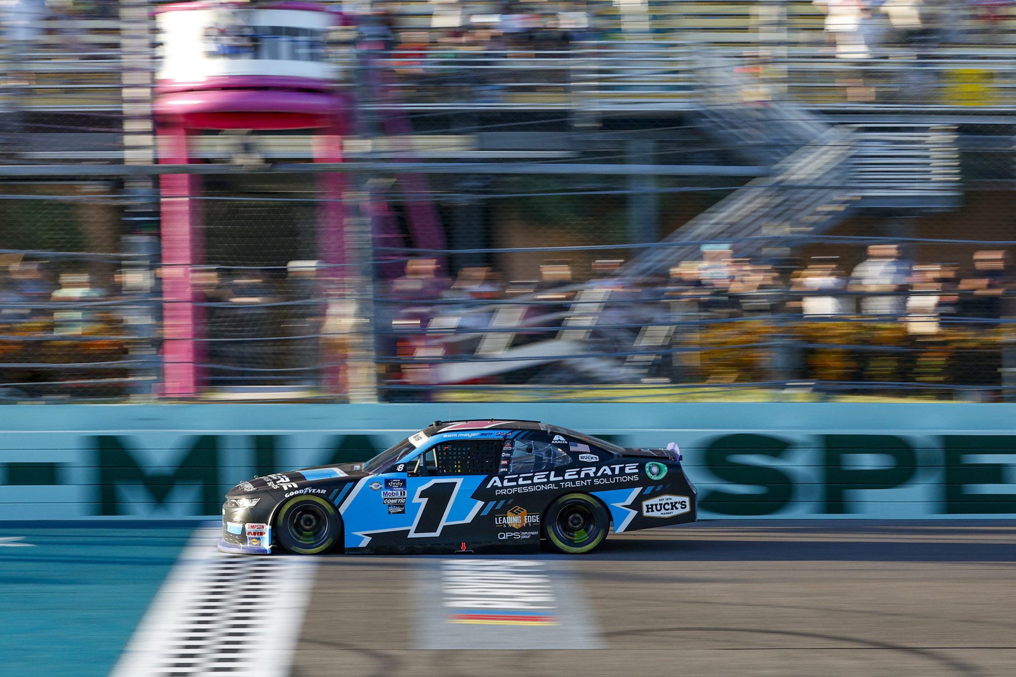 HOMESTEAD, FLORIDA - OCTOBER 21: Sam Mayer, driver of the #1 Accelerate Pros Talent Chevrolet, crosses the finish line to win the NASCAR Xfinity Series Contender Boats 300 at Homestead-Miami Speedway on October 21, 2023 in Homestead, Florida. (Photo by Sean Gardner/Getty Images) | Getty Images