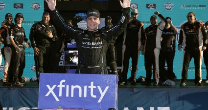 HOMESTEAD, FLORIDA - OCTOBER 21: Sam Mayer, driver of the #1 Accelerate Pros Talent Chevrolet, celebrates in victory lane after winning the NASCAR Xfinity Series Contender Boats 300 at Homestead-Miami Speedway on October 21, 2023 in Homestead, Florida. (Photo by Sean Gardner/Getty Images) | Getty Images