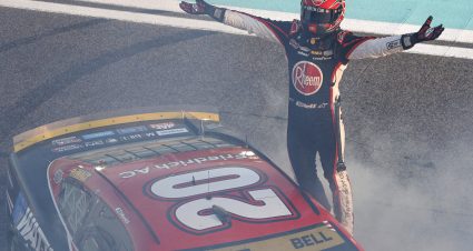 HOMESTEAD, FLORIDA - OCTOBER 22: Christopher Bell, driver of the #20 Rheem/Watts Toyota, celebrates after winning the NASCAR Cup Series 4EVER 400 Presented by Mobil 1 at Homestead-Miami Speedway on October 22, 2023 in Homestead, Florida. (Photo by Sean Gardner/Getty Images) | Getty Images