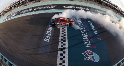 HOMESTEAD, FLORIDA - OCTOBER 22: Christopher Bell, driver of the #20 Rheem/Watts Toyota, celebrates with a burnout after winning the NASCAR Cup Series 4EVER 400 Presented by Mobil 1 at Homestead-Miami Speedway on October 22, 2023 in Homestead, Florida. (Photo by Sean Gardner/Getty Images) | Getty Images