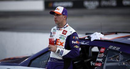 MARTINSVILLE, VIRGINIA - OCTOBER 29: Denny Hamlin, driver of the #11 FedEx Toyota, reacts after the NASCAR Cup Series Xfinity 500 at Martinsville Speedway on October 29, 2023 in Martinsville, Virginia. (Photo by Chris Graythen/Getty Images) | Getty Images