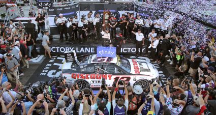 MARTINSVILLE, VIRGINIA - OCTOBER 29: Ryan Blaney, driver of the #12 Discount Tire Ford, celebrates in victory lane after winning  the NASCAR Cup Series Xfinity 500 at Martinsville Speedway on October 29, 2023 in Martinsville, Virginia. (Photo by Jonathan Bachman/Getty Images) | Getty Images