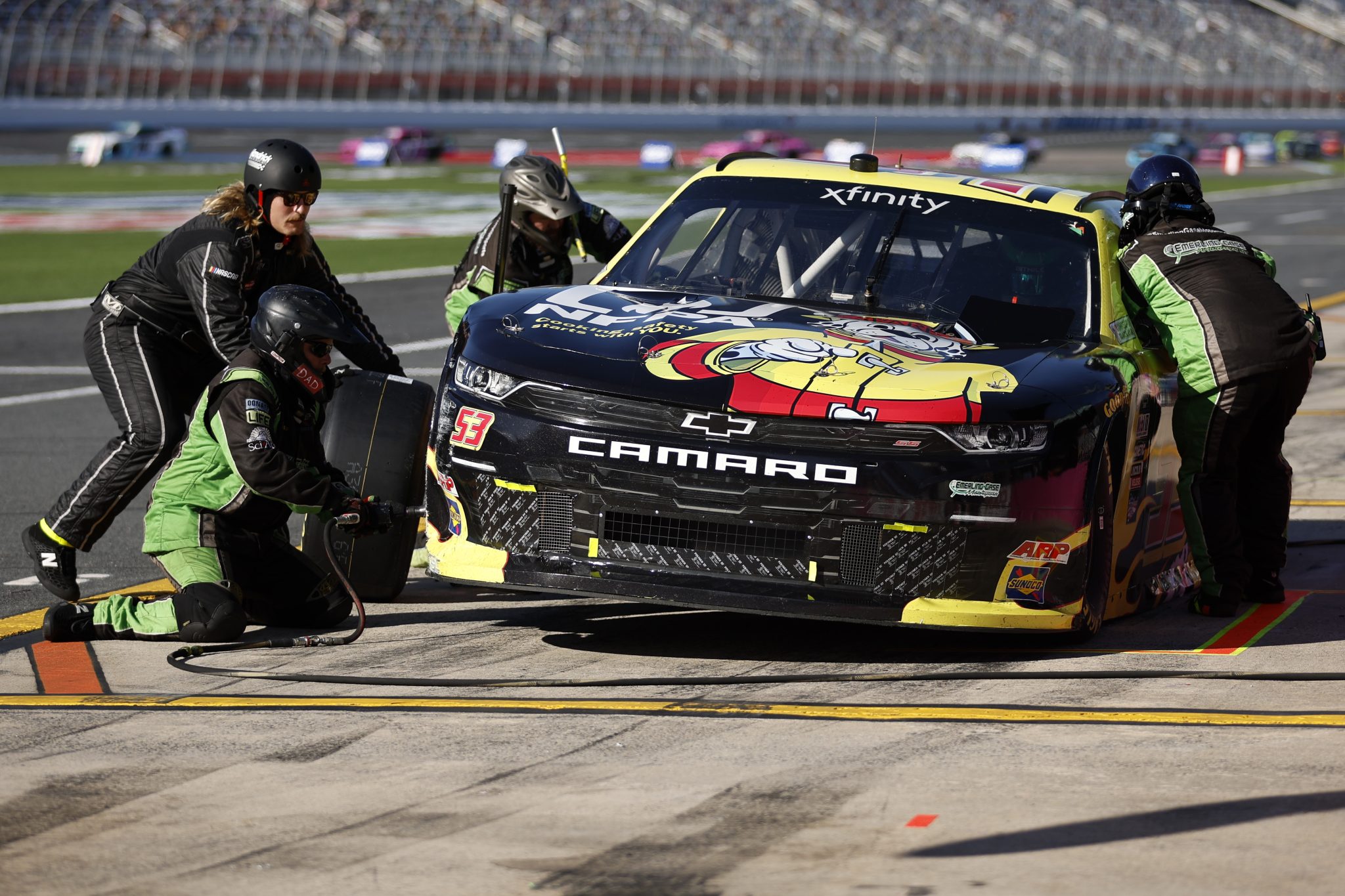 CONCORD, NORTH CAROLINA - OCTOBER 07: Conor Daly, driver of the #53 National Fire Protection Association Chevrolet, pits during the NASCAR Xfinity Series Drive for the Cure 250 presented by BCBS at Charlotte Motor Speedway on October 07, 2023 in Concord, North Carolina. (Photo by James Gilbert/Getty Images) | Getty Images