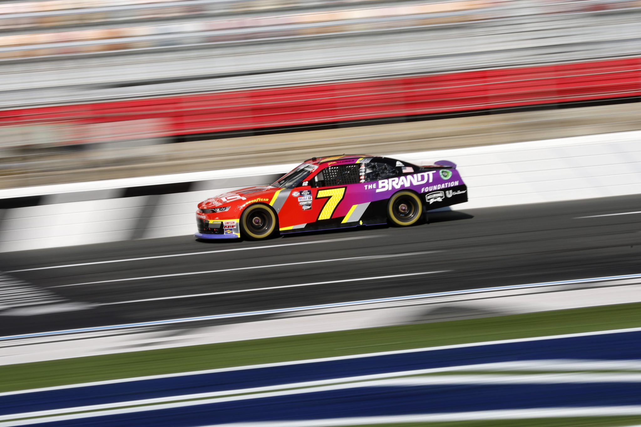 CONCORD, NORTH CAROLINA - OCTOBER 07: Justin Allgaier, driver of the #7 BRANDT/BRANDT Foundation Chevrolet, drives during practice for the NASCAR Xfinity Series Drive for the Cure 250 presented by BCBS at Charlotte Motor Speedway on October 07, 2023 in Concord, North Carolina. (Photo by James Gilbert/Getty Images) | Getty Images