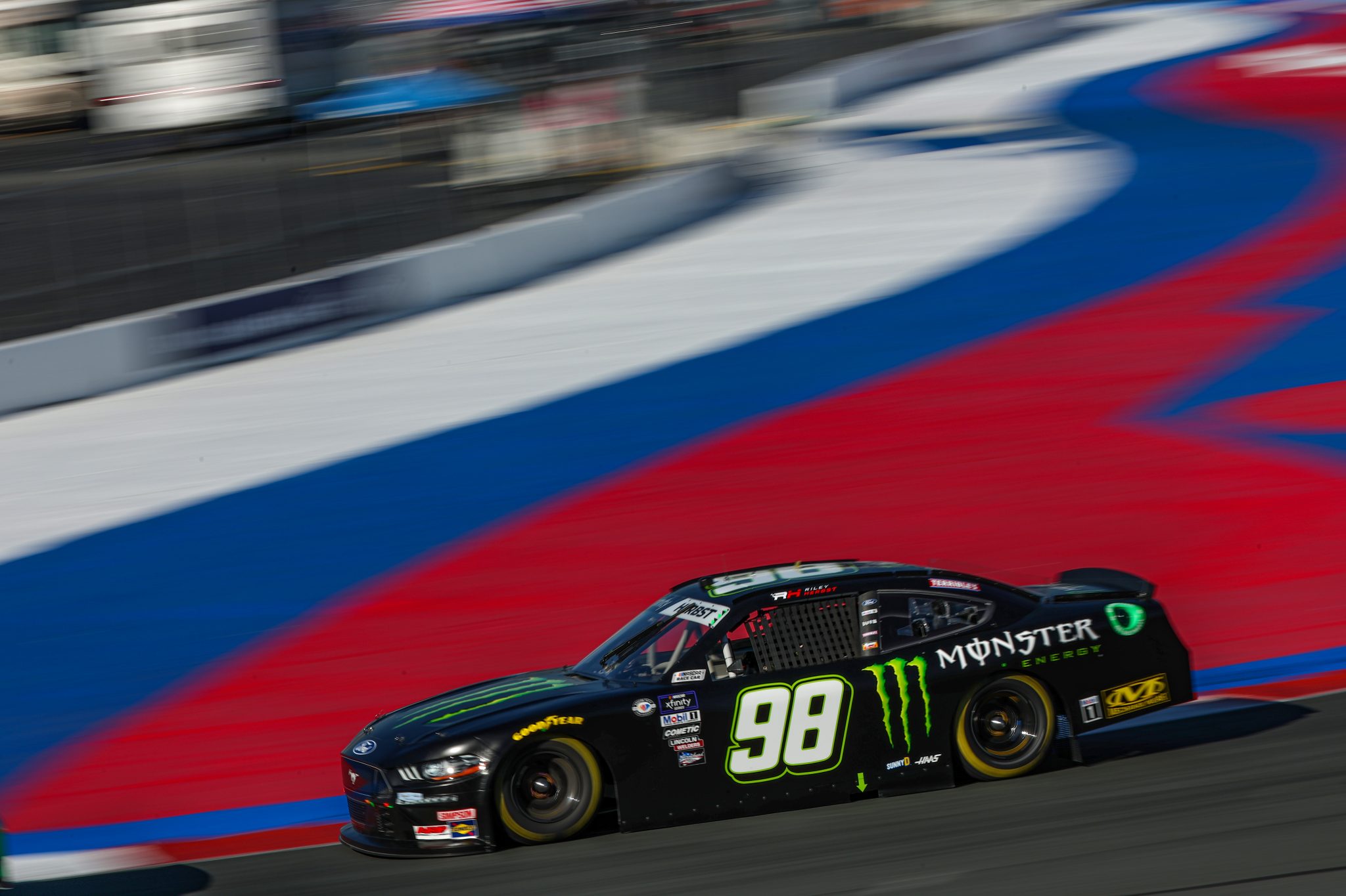CONCORD, NORTH CAROLINA - OCTOBER 07: Riley Herbst, driver of the #98 Monster Energy Ford, drives during practice for the NASCAR Xfinity Series Drive for the Cure 250 presented by BCBS at Charlotte Motor Speedway on October 07, 2023 in Concord, North Carolina. (Photo by Jared C. Tilton/Getty Images) | Getty Images