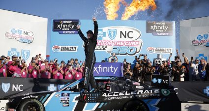 CONCORD, NORTH CAROLINA - OCTOBER 07: Sam Mayer, driver of the #1 Accelerate Pros Talent Chevrolet, celebrates in victory lane after winning the NASCAR Xfinity Series Drive for the Cure 250 presented by BCBS at Charlotte Motor Speedway on October 07, 2023 in Concord, North Carolina. (Photo by James Gilbert/Getty Images) | Getty Images