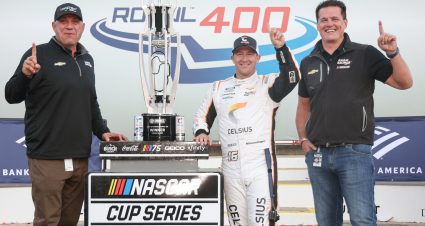 CONCORD, NORTH CAROLINA - OCTOBER 08: (L-R) Chris Rice, President of Kaulig Racing, AJ Allmendinger, driver of the #16 Celsius Chevrolet, and Matt Kaulig, owner of Kaulig Racing celebrate in victory lane after winning the NASCAR Cup Series Bank of America ROVAL 400 at Charlotte Motor Speedway on October 08, 2023 in Concord, North Carolina. (Photo by Jared C. Tilton/Getty Images) | Getty Images