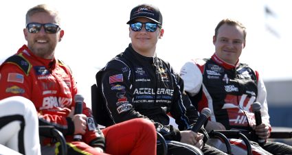 AVONDALE, ARIZONA - NOVEMBER 02: (L-R) NASCAR Xfinity Series Championship 4 drivers, Justin Allgaier, driver of the #7 BRANDT Chevrolet, Sam Mayer, driver of the #1 Accelerate Pros Talent Chevrolet, and Cole Custer, driver of the #00 Haas Automation Ford, speak to NASCAR fans on the midway during the NASCAR Championship Media Day at Phoenix Raceway on November 02, 2023 in Avondale, Arizona. (Photo by James Gilbert/Getty Images) | Getty Images