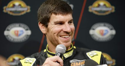 AVONDALE, ARIZONA - NOVEMBER 02: Grant Enfinger, driver of the #23 Champion Power Equipment Chevrolet, speaks to the media during the NASCAR Championship Media Day at Phoenix Raceway on November 02, 2023 in Avondale, Arizona. (Photo by Sean Gardner/Getty Images) | Getty Images