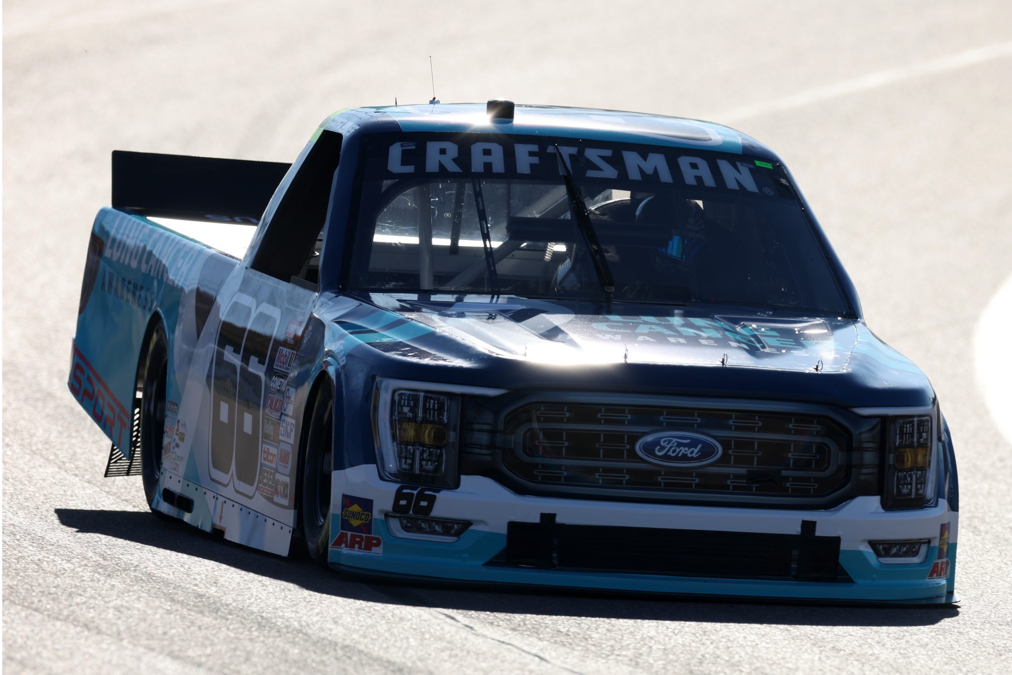 AVONDALE, ARIZONA - NOVEMBER 03: Conner Jones, driver of the #66 Lung Cancer Awareness Ford, drives during qualifying for the NASCAR Craftsman Truck Series Craftsman 150 at Phoenix Raceway on November 03, 2023 in Avondale, Arizona. (Photo by Christian Petersen/Getty Images) | Getty Images