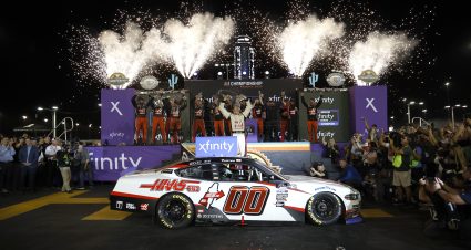 AVONDALE, ARIZONA - NOVEMBER 04: Cole Custer, driver of the #00 Haas Automation Ford, celebrates in victory lane after winning the NASCAR Xfinity Series Championship at Phoenix Raceway on November 04, 2023 in Avondale, Arizona. (Photo by Chris Graythen/Getty Images) | Getty Images