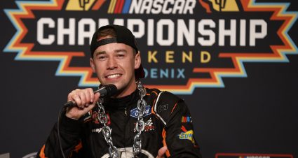 AVONDALE, ARIZONA - NOVEMBER 03: Ben Rhodes, driver of the #99 Kubota Ford, speaks to the media during a press conference after winning the 2023 NASCAR Craftsman Truck Series Championship, finishing first of the Championship 4 drivers in NASCAR Craftsman Truck Series Craftsman 150 at Phoenix Raceway on November 03, 2023 in Avondale, Arizona. (Photo by Sean Gardner/Getty Images) | Getty Images