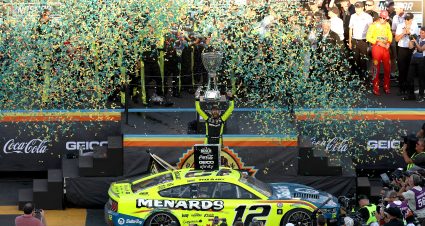 AVONDALE, ARIZONA - NOVEMBER 05: Ryan Blaney, driver of the #12 Menards/Dutch Boy Ford, celebrates in victory lane after winning the 2023 NASCAR Cup Series Championship, finishing first of the Championship 4 drivers in the NASCAR Cup Series Championship race at Phoenix Raceway on November 05, 2023 in Avondale, Arizona. (Photo by Christian Petersen/Getty Images) | Getty Images
