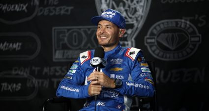 AVONDALE, ARIZONA - NOVEMBER 02: Kyle Larson, driver of the #5 HendrickCars.com Chevrolet, speaks to the media during the NASCAR Championship 4 Media Day at Phoenix Raceway on November 02, 2023 in Avondale, Arizona. (Photo by Sean Gardner/Getty Images) | Getty Images