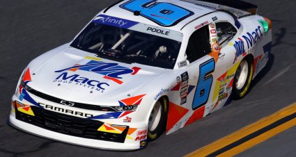 DAYTONA BEACH, FLORIDA - FEBRUARY 17: Brennan Poole, driver of the #6 Macc Door Systems Chevrolet, drives during practice for the  NASCAR Xfinity Series Beef. It's What's For Dinner. 300 at Daytona International Speedway on February 17, 2023 in Daytona Beach, Florida. (Photo by Mike Ehrmann/Getty Images) | Getty Images