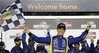 DAYTONA BEACH, FLORIDA - FEBRUARY 17: Zane Smith, driver of the #38 Love's/Speedco Ford, celebrates in victory lane after winning the rain-delayed NASCAR Craftsman Truck Series NextEra Energy 250 at Daytona International Speedway on February 17, 2023 in Daytona Beach, Florida. (Photo by Chris Graythen/Getty Images) | Getty Images