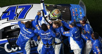 DAYTONA BEACH, FLORIDA - FEBRUARY 19: Ricky Stenhouse Jr., driver of the #47 Kroger/Cottonelle Chevrolet, celebrates with his crew after winning the NASCAR Cup Series 65th Annual Daytona 500 at Daytona International Speedway on February 19, 2023 in Daytona Beach, Florida. (Photo by Mike Ehrmann/Getty Images) | Getty Images