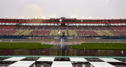 FONTANA, CALIFORNIA - FEBRUARY 25: A genera view of snowfall at the track during a weather cancellation of practice and qualifying for the Production Alliance Group 300 at Auto Club Speedway on February 25, 2023 in Fontana, California. (Photo by Meg Oliphant/Getty Images) | Getty Images