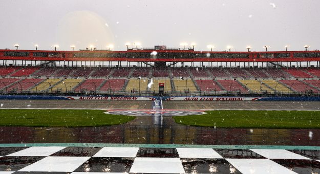 FONTANA, CALIFORNIA - FEBRUARY 25: A genera view of snowfall at the track during a weather cancellation of practice and qualifying for the Production Alliance Group 300 at Auto Club Speedway on February 25, 2023 in Fontana, California. (Photo by Meg Oliphant/Getty Images) | Getty Images