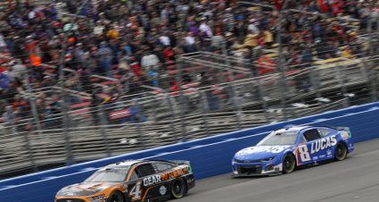 FONTANA, CALIFORNIA - FEBRUARY 26: Kevin Harvick, driver of the #4 GEARWRENCH Ford, and Kyle Busch, driver of the #8 Lucas Oil Chevrolet, race during the NASCAR Cup Series Pala Casino 400 at Auto Club Speedway on February 26, 2023 in Fontana, California. (Photo by Meg Oliphant/Getty Images) | Getty Images