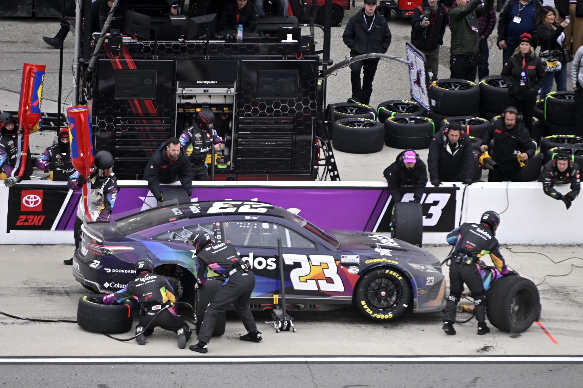 FONTANA, CALIFORNIA - FEBRUARY 26: Bubba Wallace, driver of the #23 Leidos Toyota, pits during the NASCAR Cup Series Pala Casino 400 at Auto Club Speedway on February 26, 2023 in Fontana, California. (Photo by Logan Riely/Getty Images) | Getty Images