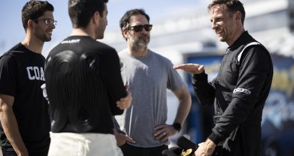 DAYTONA BEACH, FLORIDA - JANUARY 31: Jenson Button (R) talks with Jimmie Johnson, Mike Rockenfeller and Jordan Taylor during the NASCAR Garage 56 Test at Daytona International Speedway on January 31, 2023 in Daytona Beach, Florida. (Photo by James Gilbert/Getty Images) | Getty Images