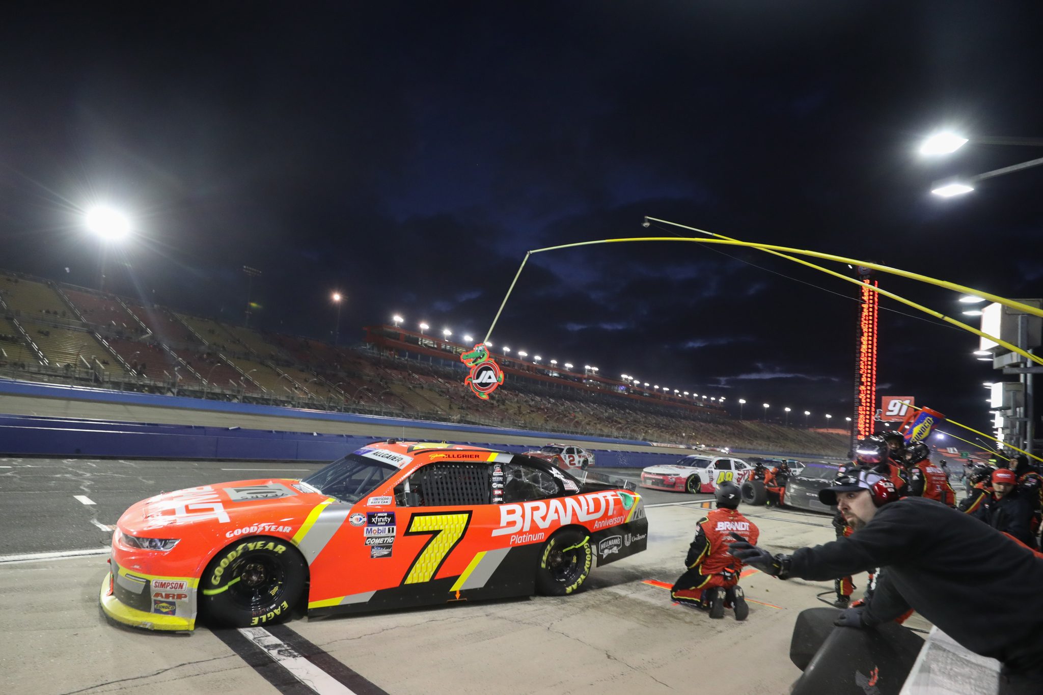 FONTANA, CALIFORNIA - FEBRUARY 26: Justin Allgaier, driver of the #7 BRANDT Chevrolet, exits pit road during the NASCAR Xfinity Series Production Alliance Group 300 at Auto Club Speedway on February 26, 2023 in Fontana, California. (Photo by Meg Oliphant/Getty Images) | Getty Images