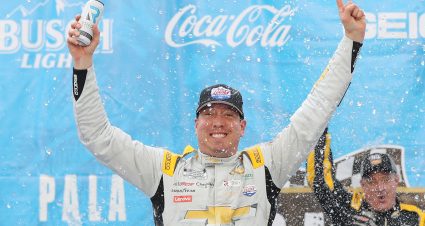 FONTANA, CALIFORNIA - FEBRUARY 26: Kyle Busch, driver of the #8 Lucas Oil Chevrolet, celebrates in victory lane after winning the NASCAR Cup Series Pala Casino 400 at Auto Club Speedway on February 26, 2023 in Fontana, California. (Photo by Meg Oliphant/Getty Images) | Getty Images