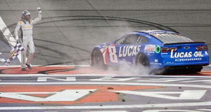 FONTANA, CALIFORNIA - FEBRUARY 26: Kyle Busch, driver of the #8 Lucas Oil Chevrolet, celebrates with the checkered flag after winning the NASCAR Cup Series Pala Casino 400 at Auto Club Speedway on February 26, 2023 in Fontana, California. (Photo by Meg Oliphant/Getty Images) | Getty Images