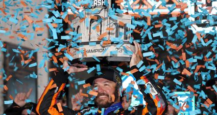 LOS ANGELES, CALIFORNIA - FEBRUARY 05: Martin Truex Jr., driver of the #19 Bass Pro Shops Toyota, celebrates in victory lane after winning the NASCAR Clash at the Coliseum at Los Angeles Memorial Coliseum on February 05, 2023 in Los Angeles, California. (Photo by James Gilbert/Getty Images) | Getty Images