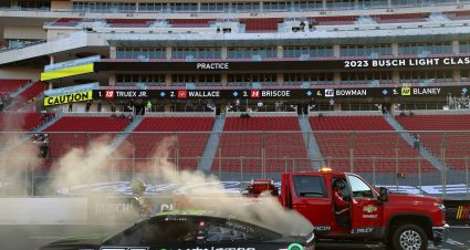LOS ANGELES, CALIFORNIA - FEBRUARY 04: Ty Gibbs, driver of the #54 Monster Energy Toyota, exits his car after an on-track incident during practice for the NASCAR Clash at the Coliseum at Los Angeles Coliseum on February 04, 2023 in Los Angeles, California. (Photo by Meg Oliphant/Getty Images) | Getty Images