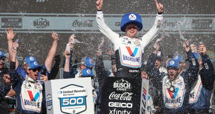 AVONDALE, ARIZONA - MARCH 12: William Byron, driver of the #24 Valvoline Chevrolet, celebrates in victory lane after winning the NASCAR Cup Series United Rentals Work United 500 at Phoenix Raceway on March 12, 2023 in Avondale, Arizona. (Photo by Meg Oliphant/Getty Images) | Getty Images