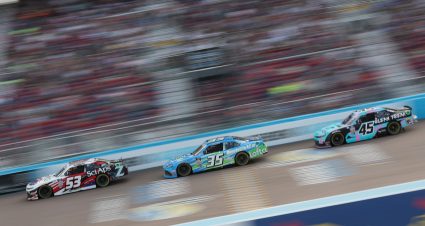 AVONDALE, ARIZONA - MARCH 11: Patrick Emerling, driver of the #53 Sci Aps Chevrolet, Joey Gase, driver of the #35 Nevada Donor Network Toyota, and Leland Honeyman, driver of the #45 Klean Freak Body Wipes Chevrolet, race during the NASCAR Xfinity Series United Rentals 200 at Phoenix Raceway on March 11, 2023 in Avondale, Arizona. (Photo by Meg Oliphant/Getty Images) | Getty Images