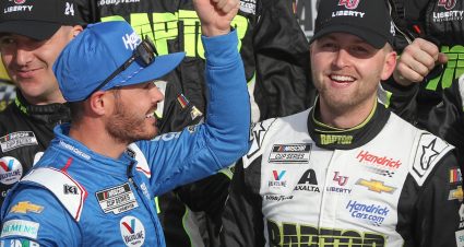 LAS VEGAS, NEVADA - MARCH 05: William Byron, driver of the #24 RaptorTough.com Chevrolet, is congratulated by Kyle Larson, driver of the #5 HendrickCars.com Chevrolet, in victory lane after winning the NASCAR Cup Series Pennzoil 400 at Las Vegas Motor Speedway on March 05, 2023 in Las Vegas, Nevada. (Photo by Meg Oliphant/Getty Images) | Getty Images