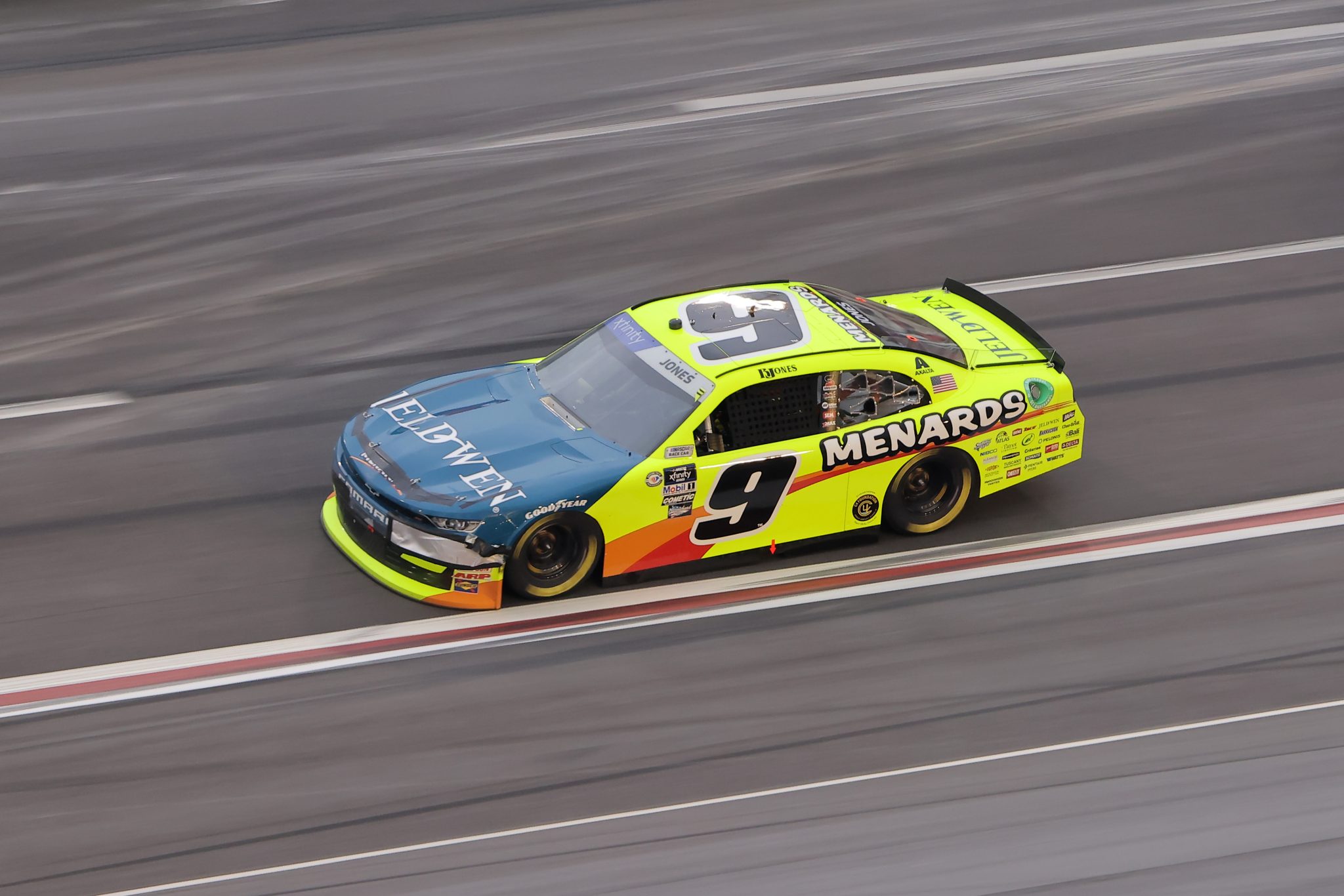 HAMPTON, GEORGIA - MARCH 18: Brandon Jones, driver of the #9 Menards/Jeld-Wen Windows Chevrolet, drives during the NASCAR Xfinity Series RAPTOR 250 at Atlanta Motor Speedway on March 18, 2023 in Hampton, Georgia. (Photo by Jonathan Bachman/Getty Images) | Getty Images